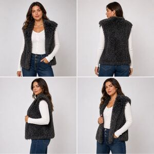 NWT Amanda Charles Cozy Sherpa Vest in Charcoal Women's Sleeveless Jacket Vest L